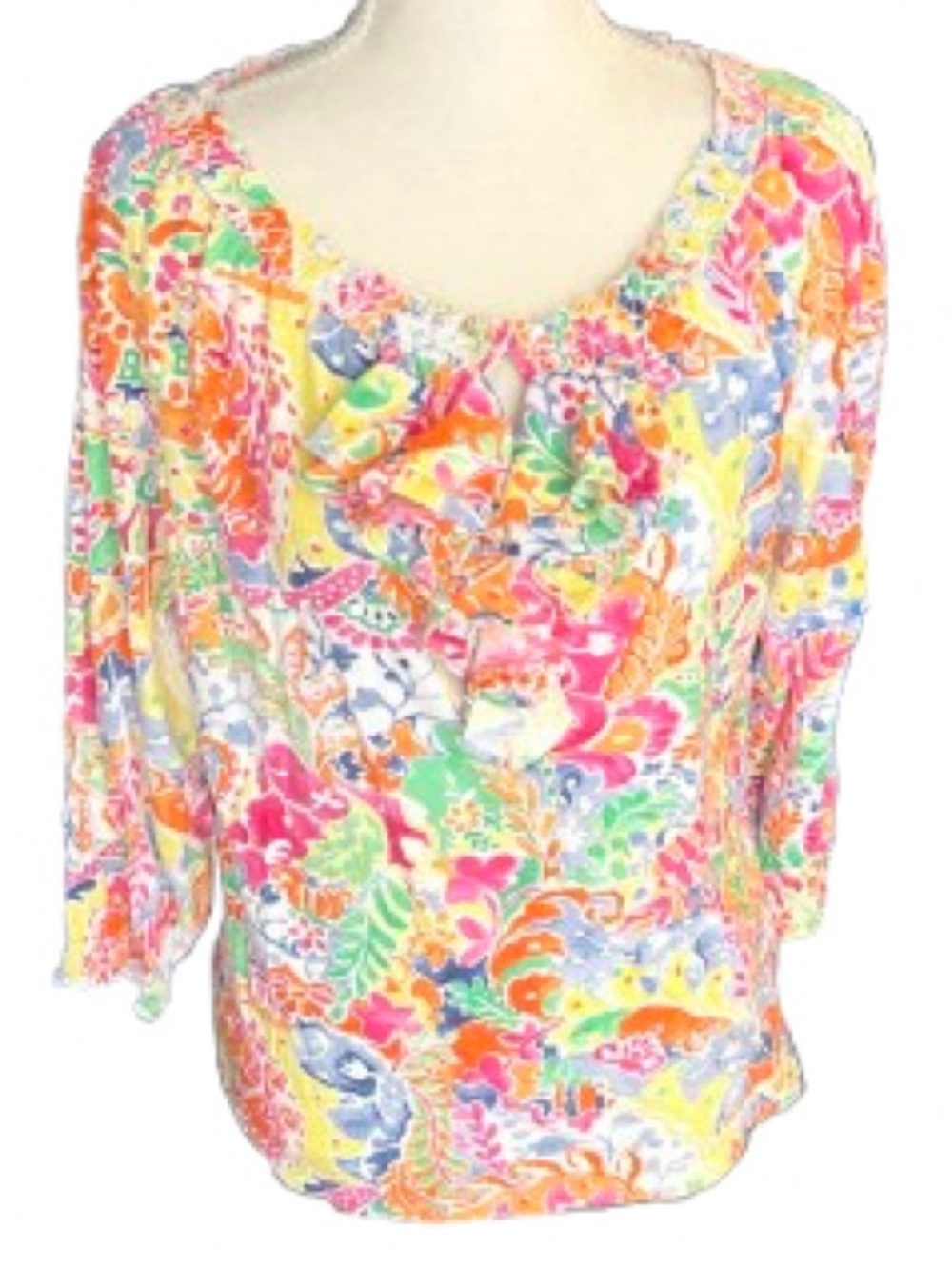 100% Cotton RALPH LAUREN Floral Ruffled Shirt Top Tee Tropical Floral Designer